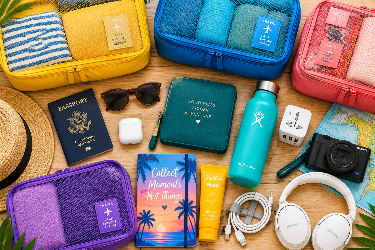 Colorful packing flat lay